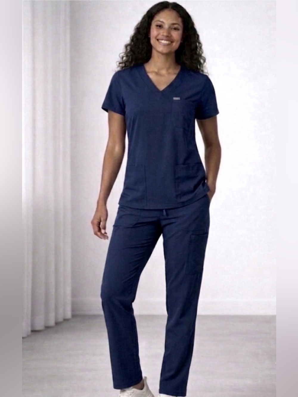 Figs Scrub Set Navy Blue Straight Leg Pants and Three-Pocket Top
